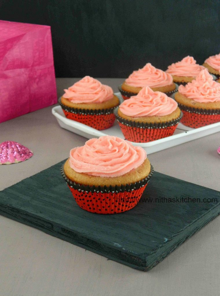 Eggless Strawberry Yogurt Cupcakes Recipe From Scratch with step by step pictures