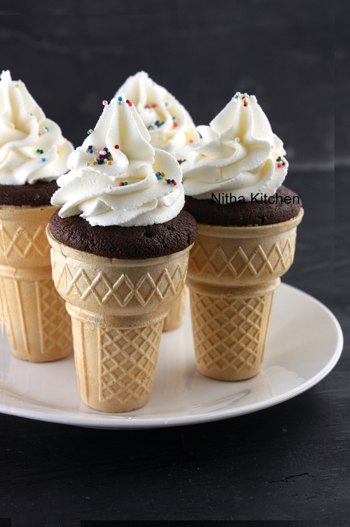 Chocolate Ice Cream Cone Cupcakes Chocolate Frosting - Nitha Kitchen
