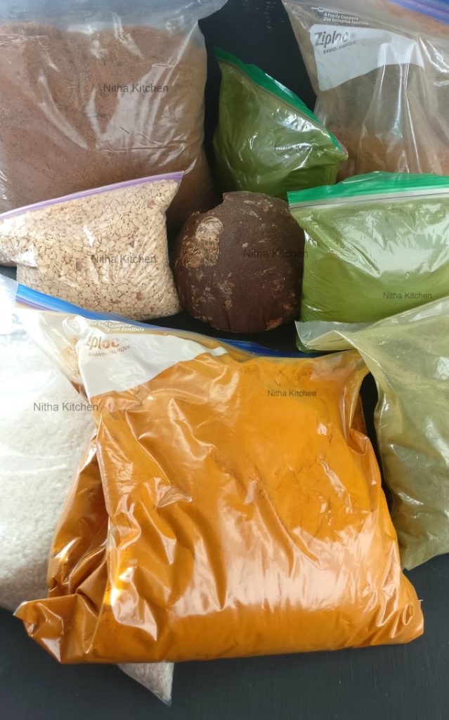 Homemade DIY powders and powder podi packing from India. Amma's packing for USA trip. Turmeric Powder, Karuveppilai Podi , Murungai Keerai Podi, Karupati, Dal lentils, sambar powder, coriander powder